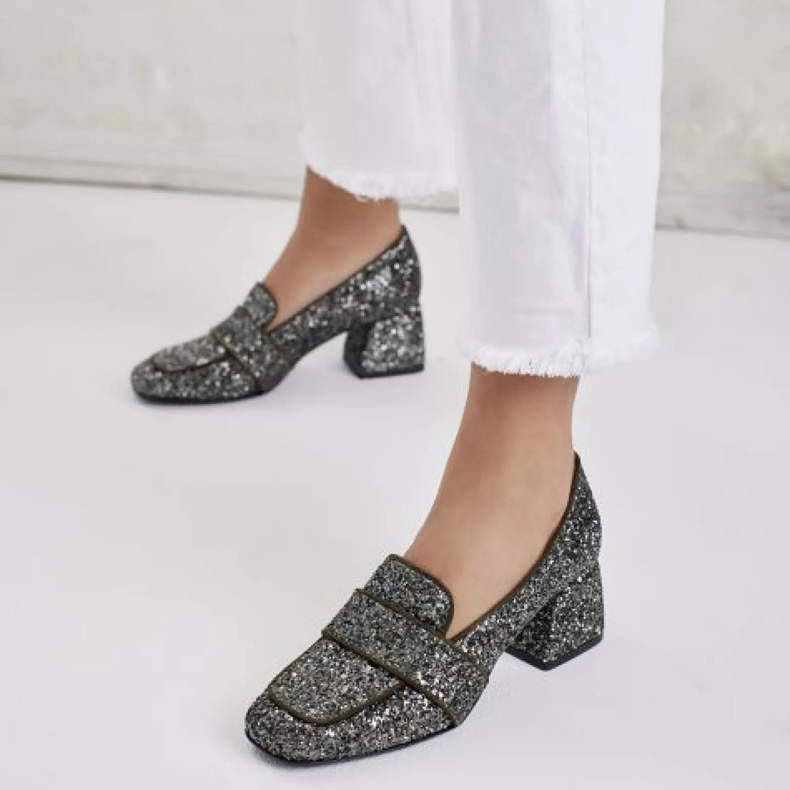 Angulus 1647-101 Loafer grøn glitter med hæl